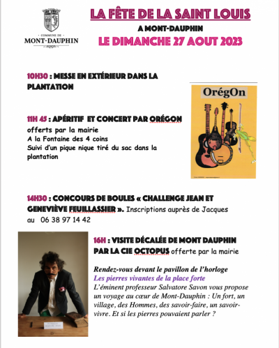  10h30 : messe en extérieur   11h 45 : apéritif  et concert Suivi d’un pique nique tiré du sac dans la plantation.  14h30 : concours de boules  16h Visite décalée